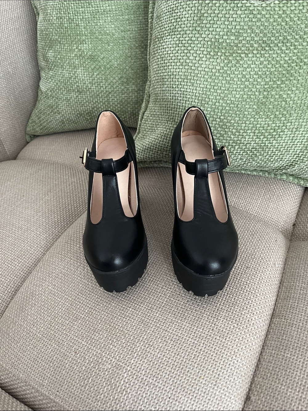 Black T-Strap Platform Pumps with Buckle